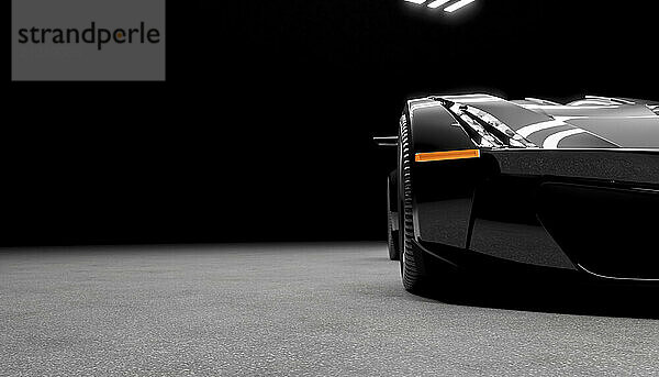 3D rendering of a sleek  black sportscar in a digital showroom.