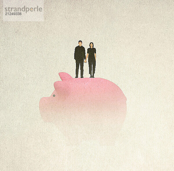 Concept illustration of couple standing on oversized fading piggy bank