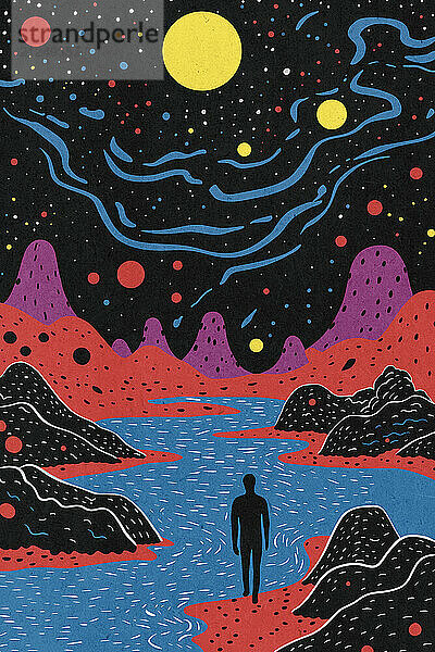 Colorful illustration of a man standing near a river and looking at a starry night sky full of planets