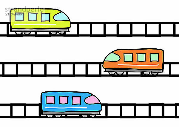 Colorful illustration of three metro trains on railway tracks.