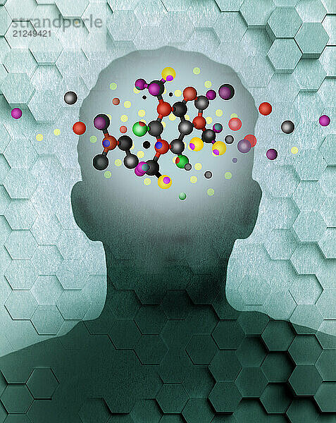 Concept illustration of a silhouette face with molecular structure against a hexagonal background