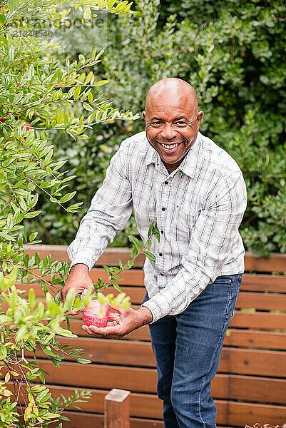 Man smiling while pruning a tree