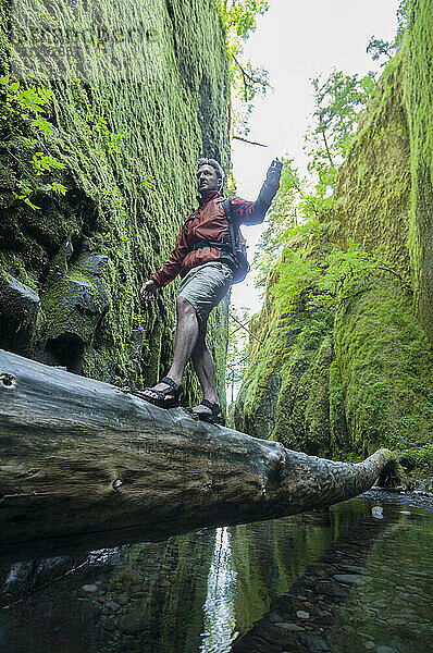 A young man walks across a fallen log in the Oneonta Gorge  Oregon.