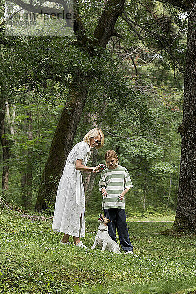 Blonde woman and daughter walking in parkland and playing with dog