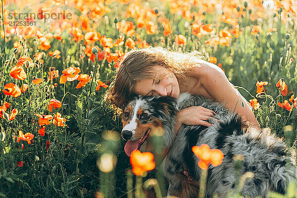 woman and australian shepherd dog in a lush poppy field on a sunny day