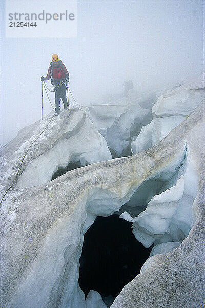 Climbers crossing dangerous crevasse fields in the fog on the Winthop Glacier while approaching the popular Liberty Ridge on the North side of Washingon's Mt. Rainier. Mount Rainier National Park is in the Cascades Mountain Range near Seattle  and is very popular for skiing and mountaineering.