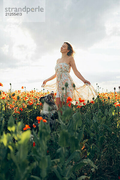 Beautiful young woman and australian shepherd dog in poppy field