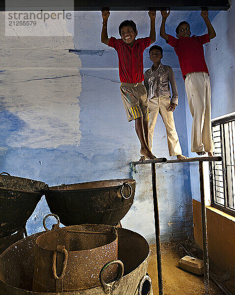 Boys having fun in kushti akhara in Varanasi  India.