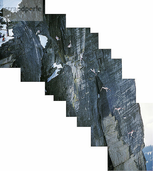 Jesse Hall doing a front flip while ski-BASE jumping at Lover's Leap  near Lake Tahoe. Ski-BASEing is a hybrid of extreme skiing and BASE jumping in which one skis of a steep cliff with a parachute.