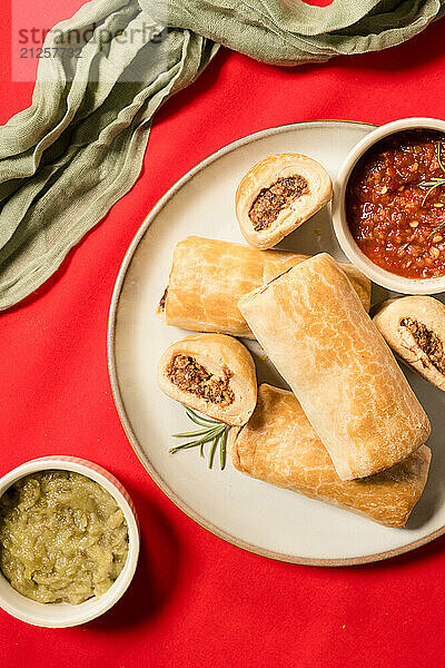 Sausage rolls on a plate against bright red