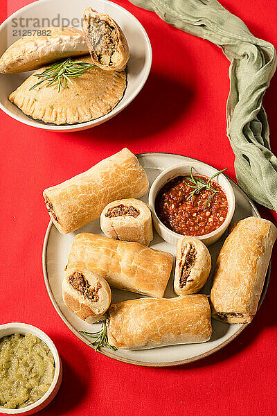 Sausage rolls and Nigerian pies against bright red