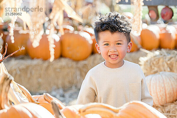 Little boy smiling in a pumpkin patch