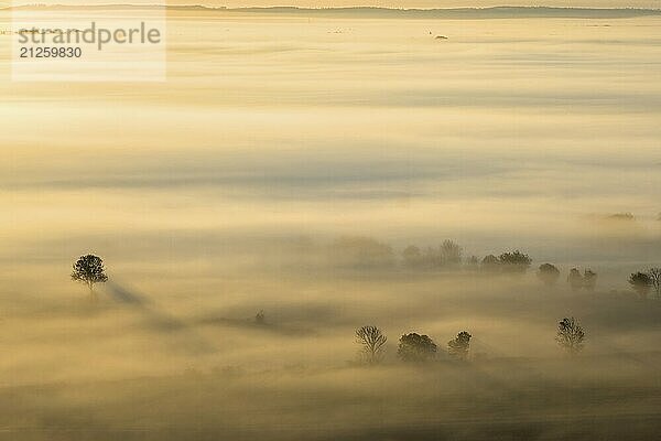 Luftaufnahme im Morgennebel bei Sonnenaufgang