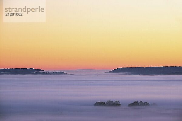 Neblige Landschaft in der Morgendämmerung