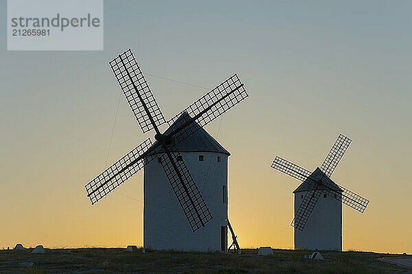 Silhouette von zwei Windmühlen vor einem Sonnenaufgang auf einem Hügel  Campo de Criptana  Provinz Ciudad Real  Kastilien-La Mancha  Route des Don Quijote  Spanien  Europa