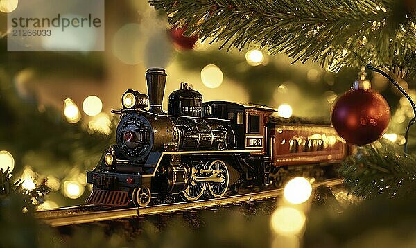 Ein Zug fährt auf einer Strecke mit einem Weihnachtsbaum im Hintergrund. Der Zug ist mit Lichtern geschmückt und er ist eine Modelleisenbahn. Die Szene ist festlich und fröhlich  evoziert ein Gefühl von Urlaub Fröhlichkeit AI erzeugt  KI generiert