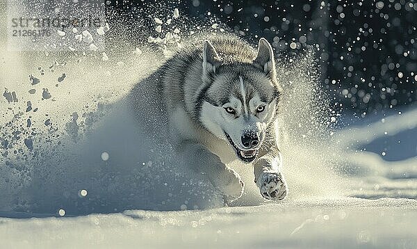 Ein Hund rennt mit offenem Maul durch den Schnee. Der Hund scheint in spielerischer Stimmung zu sein und genießt den Schnee und das kalte Wetter  das AI erzeugt  KI generiert