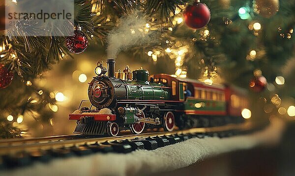 Ein Zug mit einer grünen Lokomotive und roten und grünen Waggons fährt auf einem Gleis. Der Zug ist von Weihnachtsdekorationen umgeben  darunter ein Baum mit Lichtern und Ornamenten. Die Szene ist festlich und fröhlich AI erzeugt  KI generiert