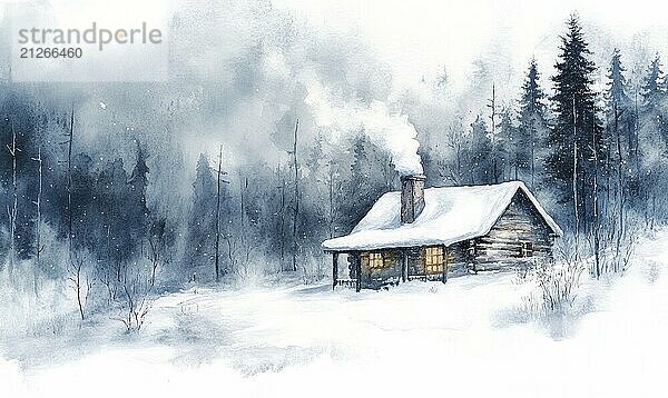 Eine Hütte im Wald mit Rauch  der aus dem Schornstein kommt. Die Hütte ist klein und gemütlich  mit einem Kamin und einem Fenster. Die Szene ist friedlich und heiter  mit dem schneebedeckten Boden KI erzeugt  KI generiert