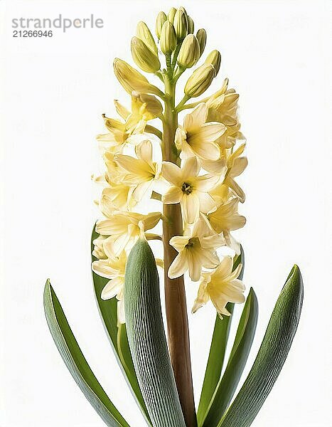 Nahaufnahme einer frühlingsfrischen gelben Hyazinthe  oder Hyacinthus Blumenzwiebel in voller Blüte auf weißem Hintergrund