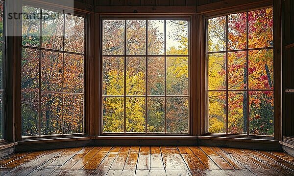 Blick aus dem großen Fenster auf eine neblige Herbstlandschaft AI generiert  KI generiert