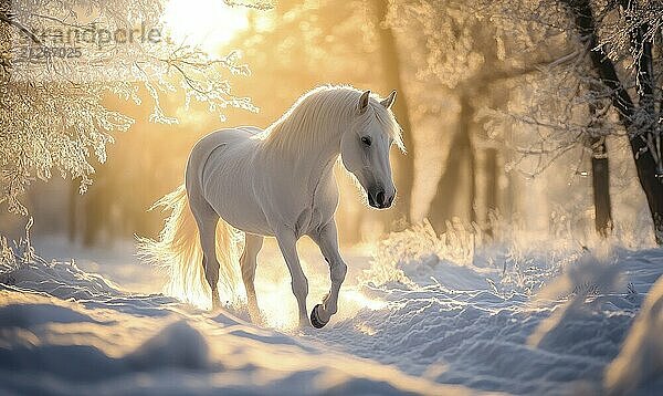 Ein weißes Pferd läuft durch den Schnee in einem Wald. Konzept der Freiheit und Freude  wie das Pferd galoppiert durch die Winterlandschaft AI erzeugt  KI generiert