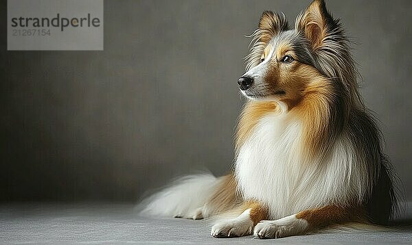 Ein Shetland Sheepdog  aufgenommen in einem Studio mit einem einfachen grauen Hintergrund  der mit AI generiert wurde  KI generiert