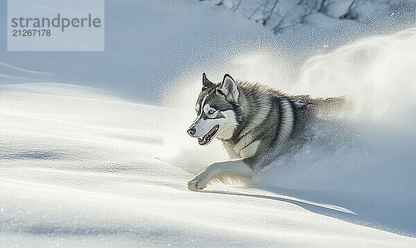 Ein Hund rennt durch den Schnee und hinterlässt eine Spur aus Schnee. Der Hund scheint sich zu amüsieren  denn er läuft mit herausgestreckter Zunge. Die Szene ist friedlich und heiter AI erzeugt  KI generiert