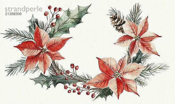 Eine Aquarellmalerei eines roten Weihnachtssterns  umgeben von immergrünen Zweigen und Beeren. Das Gemälde hat eine festliche und fröhliche Stimmung  evoziert den Geist der Ferienzeit KI erzeugt  KI generiert