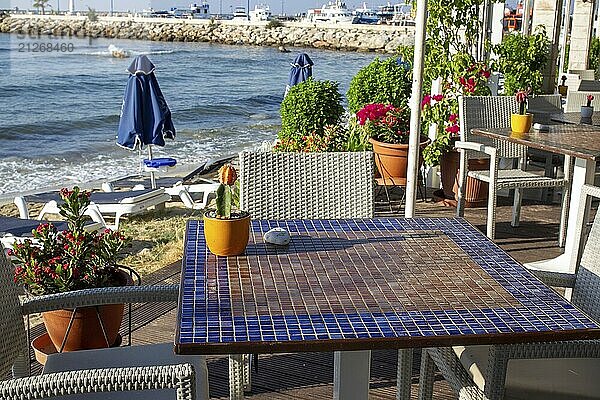 Fantastischer Morgen am Strand von Santorin (oder Kreta oder Spetses oder Rhodos oder Mykonos) und der Hafen in der Ferne! Blick vom awe Strandcafé mit erstaunlich blühenden (Kaktus und lila Bougainvillea Blumen