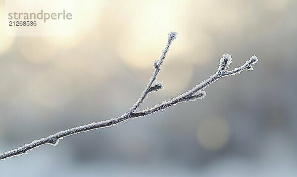 Ein mit Frost und Schnee bedeckter Zweig. Der Zweig ist dünn und hat eine leicht blaue Tönung. Das Bild hat eine heitere und friedliche Stimmung KI erzeugt  KI generiert