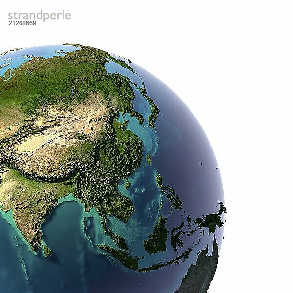 Erde mit durchscheinendem Wasser in den Ozeanen und der detaillierten Topografie der Kontinente. Ein Fragment von Asien und Ozeanien. vor weißem Hintergrund