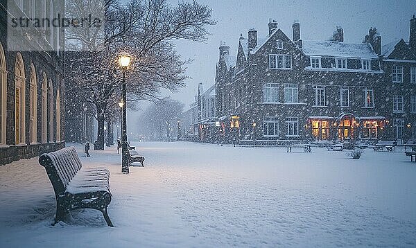 Eine verschneite Straße mit einer Bank und einer Straßenlaterne Der Schnee fällt und die Straße ist mit einer weißen Decke bedeckt. Die Szene ist friedlich und heiter AI erzeugt  KI generiert