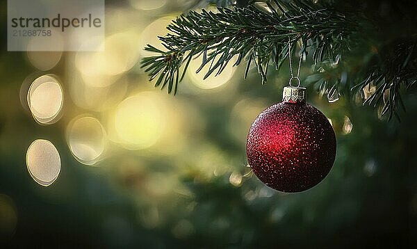 Ein rotes Weihnachtsornament hängt an einem Baum. Die Szene ist festlich und fröhlich AI erzeugt  KI generiert