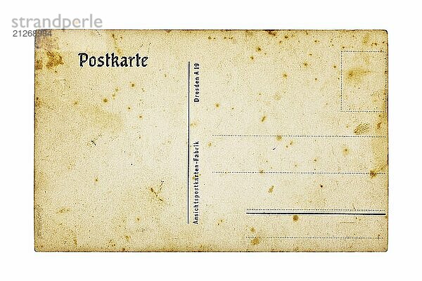 Alte und leere deutsche Postkarte  Rückseite vor weißem Hintergrund