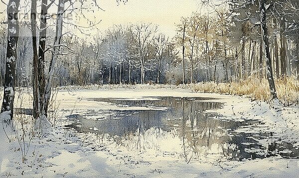 Ein Gemälde von einer verschneiten Landschaft mit einem gefrorenen See im Vordergrund. Das Gemälde fängt die heitere und friedliche Atmosphäre einer Winterszene KI erzeugt  KI generiert