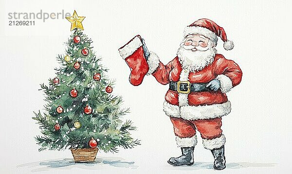 Eine Aquarellmalerei eines Weihnachtsbaums mit einem Weihnachtsmann  der einen Strumpf hält. Das Gemälde hat eine festliche und fröhliche Stimmung  mit den hellen Farben des Baumes und der roten AI erzeugt  KI generiert