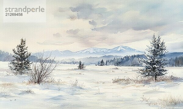 Ein Gemälde eines verschneiten Feldes mit zwei Kiefern im Vordergrund. Der Himmel ist bewölkt und die Berge im Hintergrund sind mit Schnee bedeckt. Die Stimmung des Gemäldes ist friedlich und heiter KI erzeugt  KI generiert