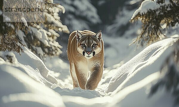 Eine braune Katze läuft durch den Schnee in einem Wald. Die Katze schaut nach vorne  möglicherweise auf der Suche nach Futter. Die Szene ist friedlich und heiter KI generiert  AI generated