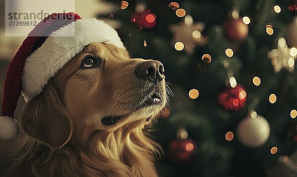 Ein Hund mit einer Weihnachtsmannmütze schaut auf einen Weihnachtsbaum. Der Hund trägt eine rote Mütze und steht vor einem Baum mit vielen roten und goldenen Ornamenten. Die Szene ist festlich und fröhlich KI erzeugt  KI generiert