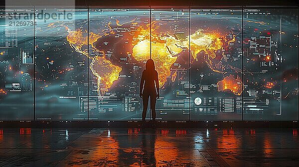 Silhouetten von Menschen  die vor einer leuchtenden Weltkarte stehen. Konzeptionelle Visualisierung globaler Netzwerke und Datenströme  die die Welt zunehmend miteinander verbinden. KI generiert