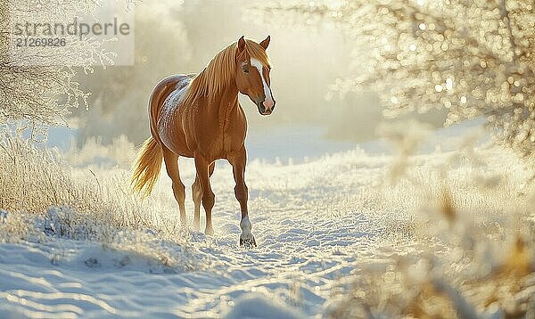 Ein Pferd läuft durch ein verschneites Feld. Das Pferd ist braun und weiß  und es hat einen langen Schwanz. Die Szene ist friedlich und heiter  mit dem Schnee  der den Boden bedeckt AI erzeugt  KI generiert