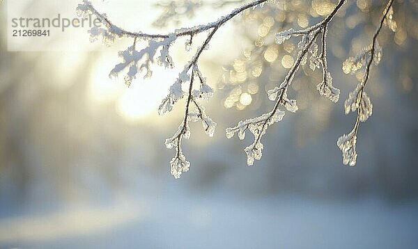 Ein mit Frost und Schnee bedeckter Zweig. Die Sonne scheint auf den Zweig und schafft eine schöne und heitere Szene AI erzeugt  KI generiert