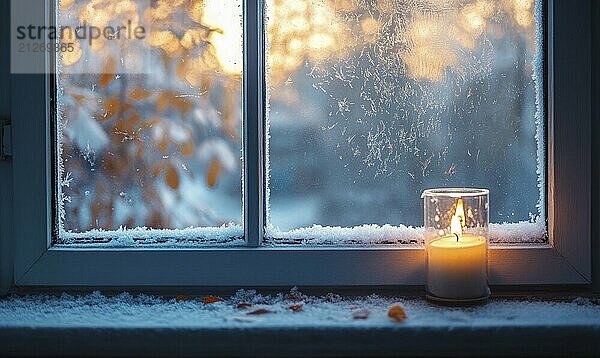 Eine brennende Kerze auf einer frostigen Fensterbank mit einer verschneiten Landschaft draußen  die eine warme und gemütliche Winterabendatmosphäre schafft AI erzeugt  KI generiert