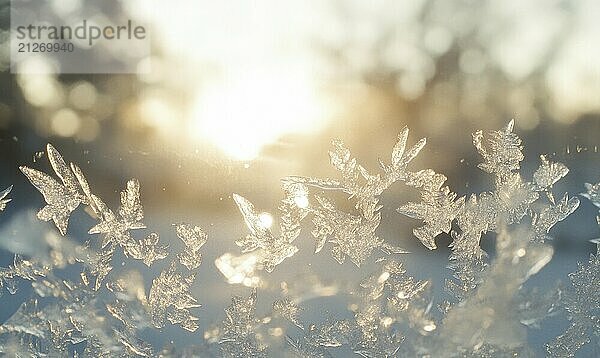 Eine schöne Szene von Schneeflocken auf ein Fenster  mit der Sonne scheint durch das Milchglas. Die Schneeflocken sind in der gesamten Fenster verstreut  wodurch eine heitere und friedliche Atmosphäre AI erzeugt  KI generiert