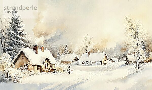 Ein Gemälde von einer verschneiten Landschaft mit einem Haus und einer Bank. Die Stimmung des Gemäldes ist friedlich und heiter KI erzeugt  KI generiert