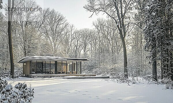 Ein kleines Haus ist von Bäumen umgeben und mit Schnee bedeckt. Das Haus ist aus Holz gebaut und hat ein Glasdach. Der schneebedeckte Boden und die Bäume schaffen eine friedliche und heitere Atmosphäre  die KI erzeugt  KI generiert