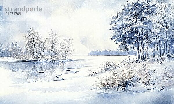 Ein Gemälde von einer verschneiten Landschaft mit einem Fluss und Bäumen. Die Stimmung des Gemäldes ist friedlich und heiter KI erzeugt  KI generiert