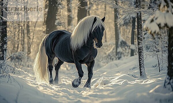 Ein Pferd mit weißen Haaren läuft durch den Schnee. Das Bild hat eine friedliche und heitere Stimmung  da das Pferd das einzige Lebewesen in der Szene ist  das KI erzeugt  KI generiert