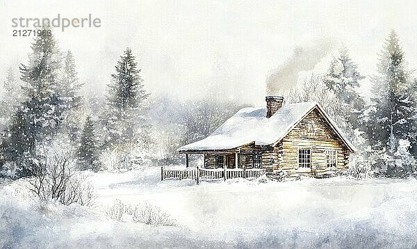 Eine gemütliche Hütte in einem verschneiten Wald  mit einem Schornstein und einem Schornstein. Die Landschaft ist mit einer dicken Schneeschicht bedeckt  die eine heitere und ruhige Atmosphäre schafft  die KI erzeugt  KI generiert